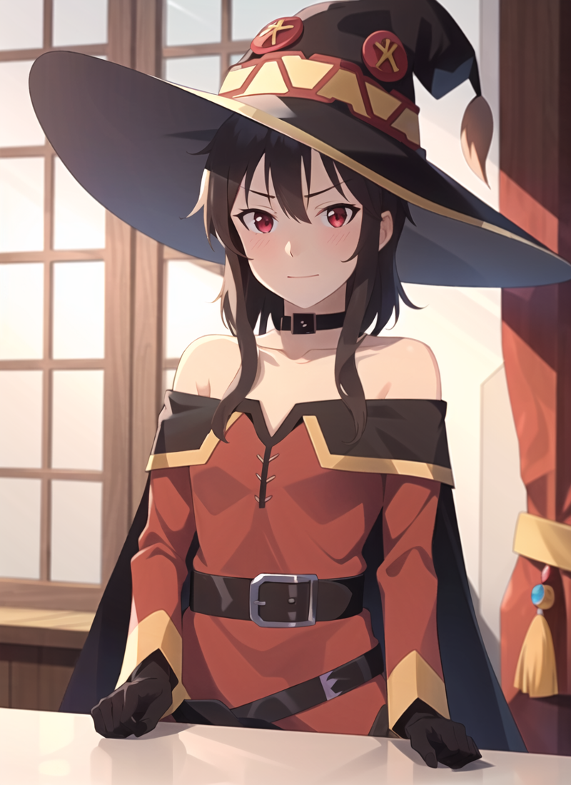 3978522360-471778451-vox machina style, parody, megumin, 1girl, bare shoulders, black cape, black gloves, black hair, blush, cape, choker, collarbone.png